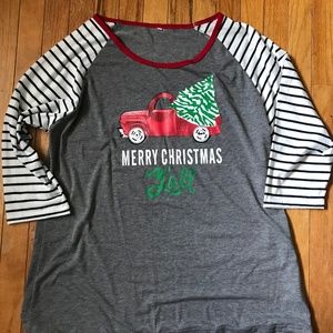 CHRISTMAS TOP-GRAY-RED TRUCK-STRIPED SLEEVES